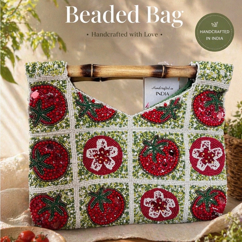 Handmade Beaded Bag NWT | India Artisan | Tomato Design Unique Statement Clutch